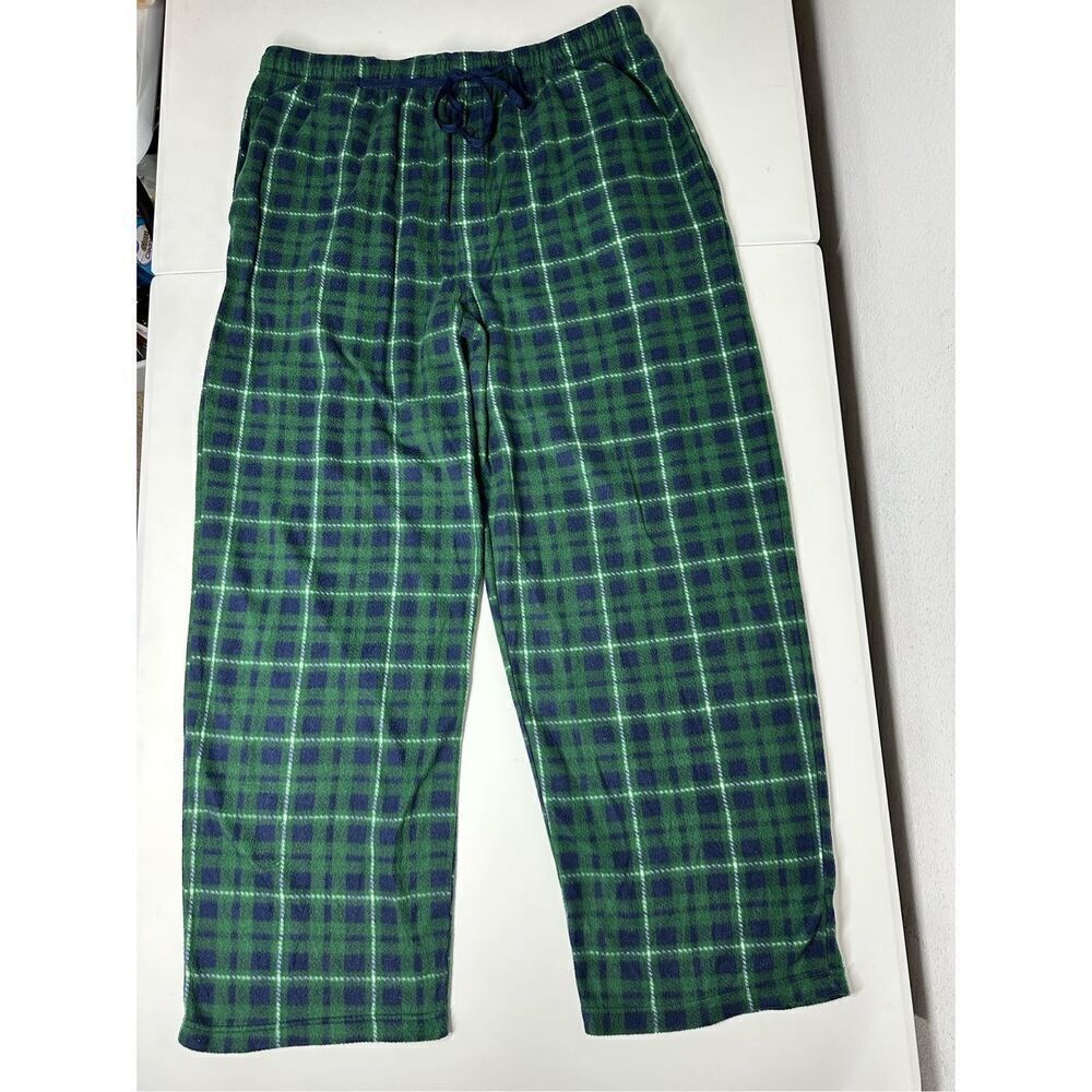 Fruit Of The Loom Mens Fleece Green Blue Plaid Comfort Sleepwear Pants Size XL